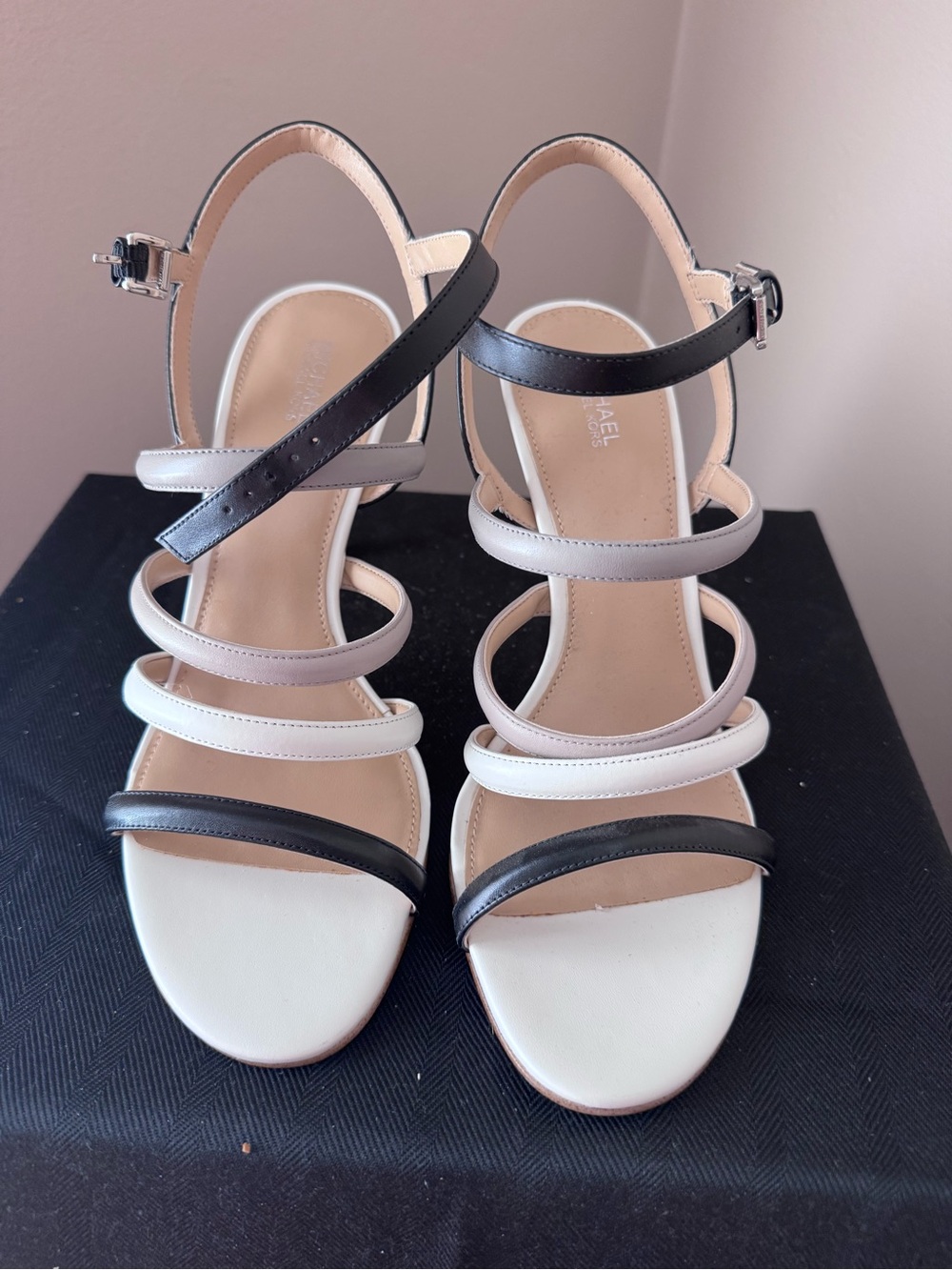 MICHAEL Michael Kors Black, White and Cream Multi-Strap Dress Sandals